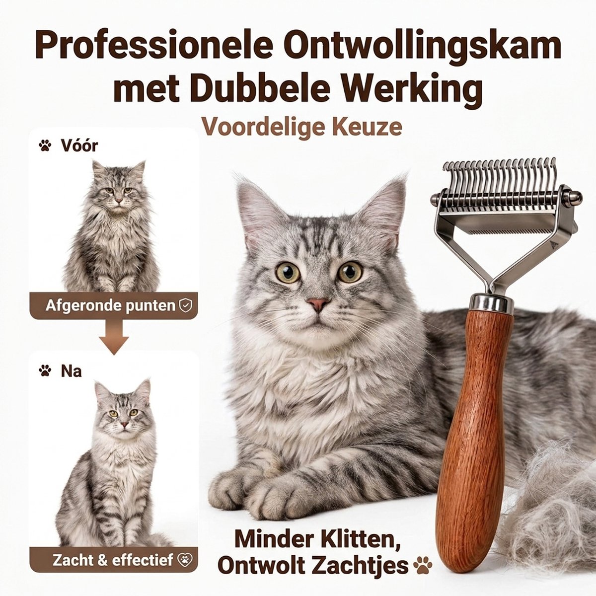 Achilles® 2-in-1 Kattenborstel – Dubbelzijdige Ontklittingskam & Ontwoller – Vachtverzorging