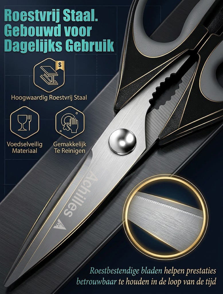 Achilles® Keukenschaar Set – 3 Stuks RVS Keukenschaar - Heavy Duty met Flessenopener - Vleesschaar