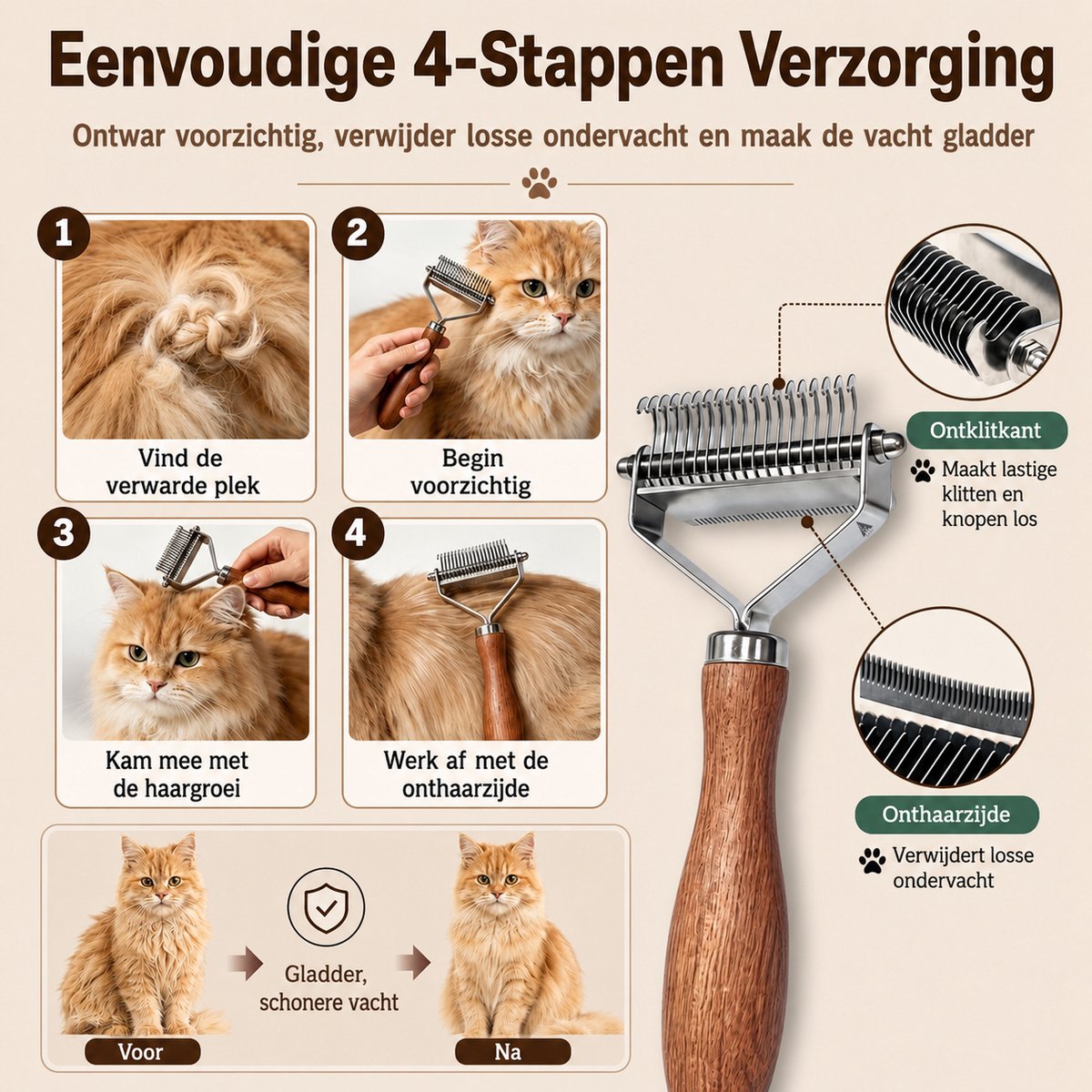 Achilles® 2-in-1 Kattenborstel – Dubbelzijdige Ontklittingskam & Ontwoller – Vachtverzorging