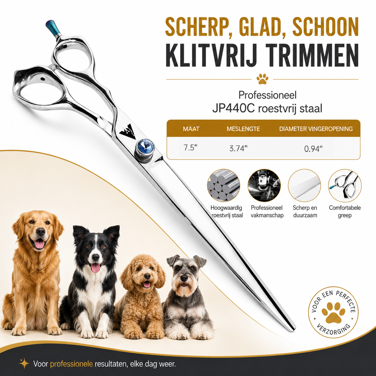 Achilles® Pro Linkshandig Hondenschaar 7.5 Inch – Rechte Trimschaar – JP440C RVS – 2 Jaar Garantie
