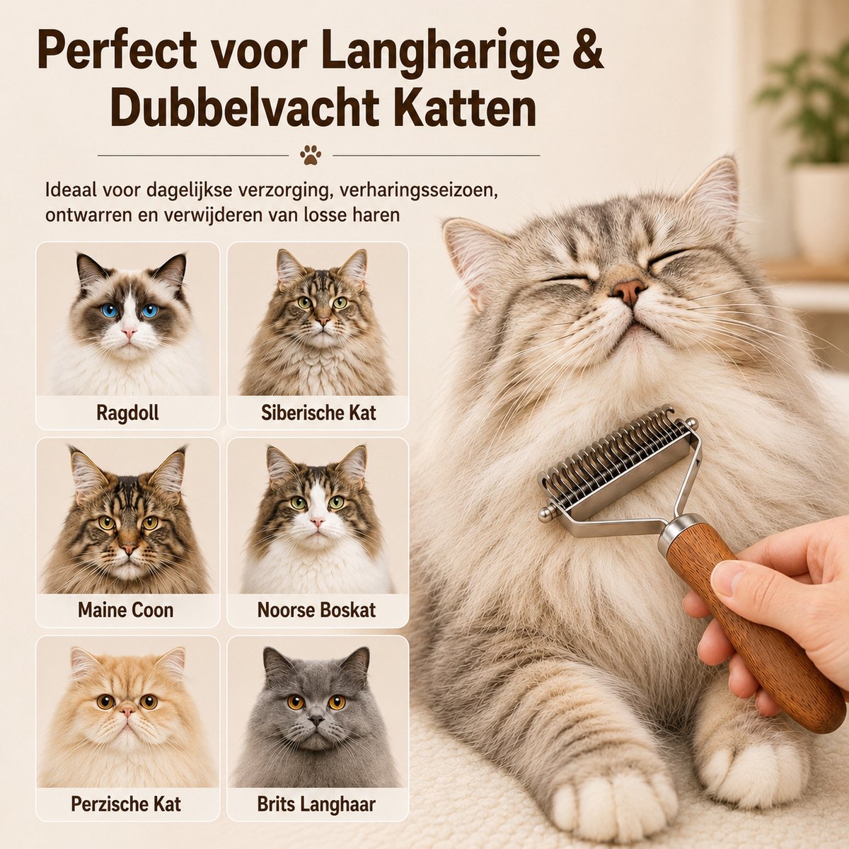 Achilles® 2-in-1 Kattenborstel – Dubbelzijdige Ontklittingskam & Ontwoller – Vachtverzorging