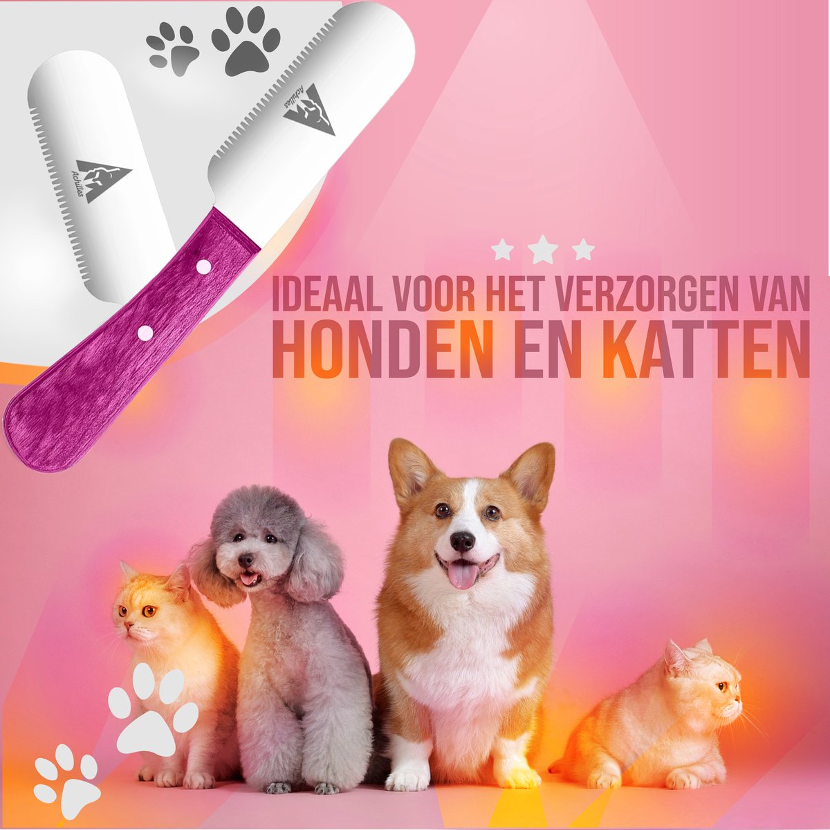 Achilles® Pinku (桃色) - Trimmes Set Kat & Hond - Plukmes - Stripmes Set – Beukenhout